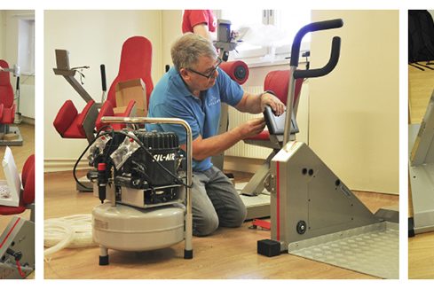 HUR:s speciella träningsmaskiner är utvecklade för att effektivisera äldre människors träning. Här installeras de på Körsbärsvägen.